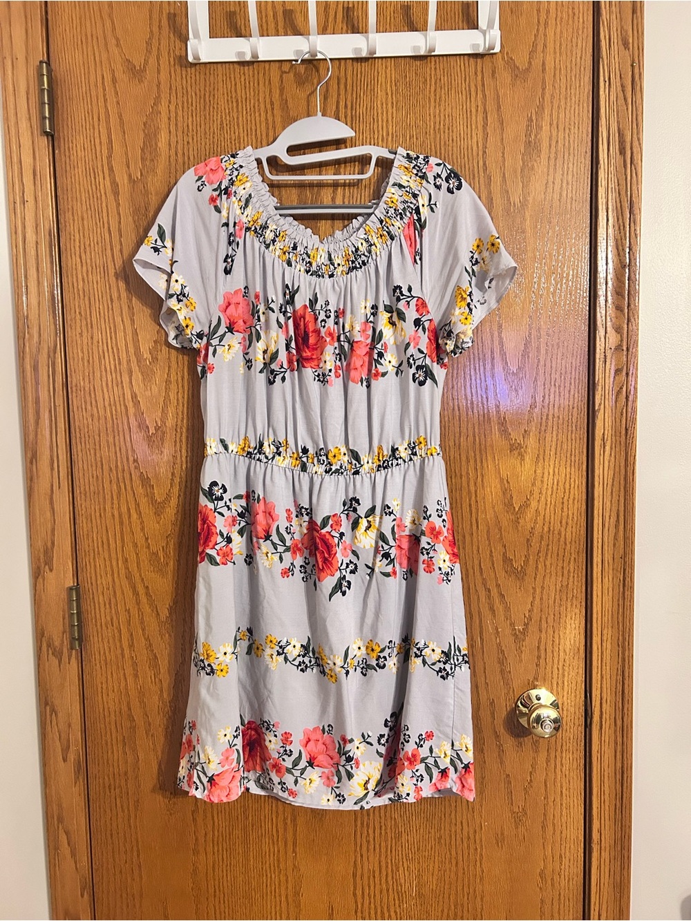 Old Navy Gray Floral Smocked Short Sleeve Dress with Pink & Yellow Blooms
